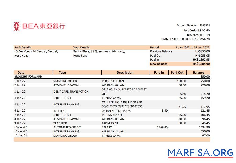 Realistic Hong Kong BEA bank statement excel example